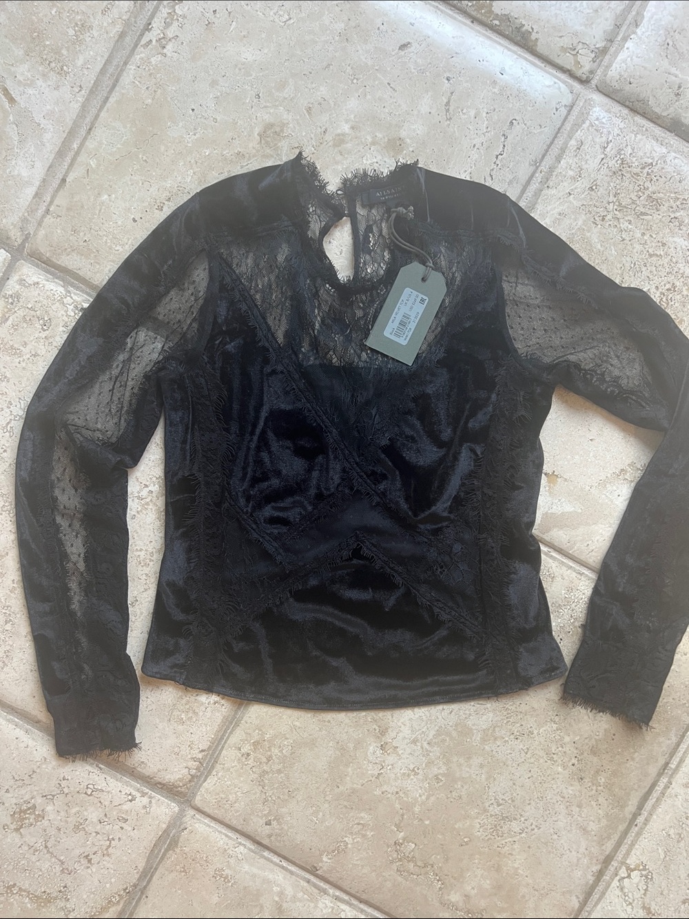 AllSaints Black Lace & Velvet Blouse